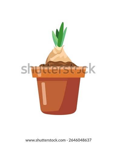 Hand drawn Vector illustration of growing flower bulbs with sprouts in classic brown pot with soil, Nature ecology potted plants, Harvest, product, offspring, gardening theme isolated on white