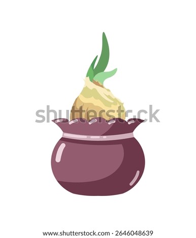 Hand drawn Vector illustration of growing flower bulbs with sprouts in beautiful dark pot with soil, Nature ecology potted plants, Harvest, spring, gardening theme isolated on white background