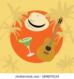 Hand drawn vector illustration of guitar, hat, and margarita. Tropical vibe vacation concept. T-shirt design.