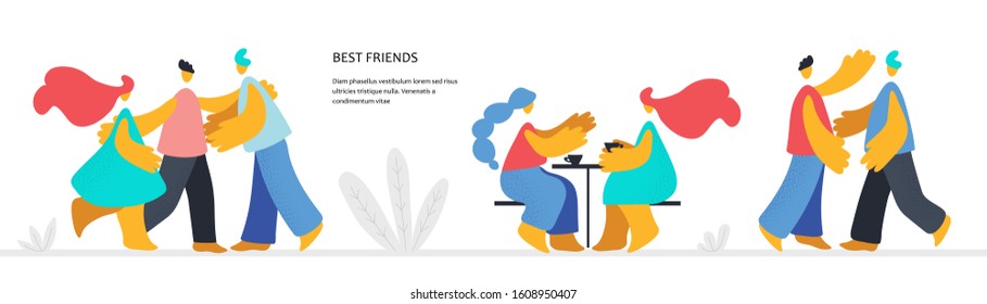 Hand drawn Vector illustration with guys and a girls, Friends meet, hug, sit in a cafe, talk nicely. People character vector illustration flat design. Use in Web Project and Applications