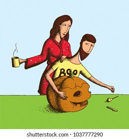 Hand Drawn Vector Illustration for Halloween. A married couple is preparing for the holiday. A man cuts Jack's lantern out of a pumpkin. A woman in a dressing gown is standing with a cup of coffee.