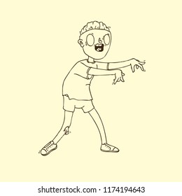 Hand Drawn Vector Illustration for Halloween. A zombie guy with a protruding brain. A man with a broken leg pulls his hands forward. Coloring Book Page.