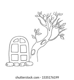 A hand drawn vector illustration of halloween witch house window and dry tree, simple contour image