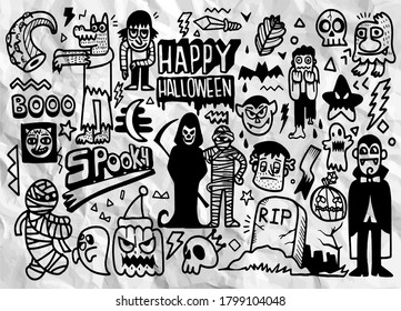  Hand Drawn Vector Illustration of Halloween Doodle set ,illustrator line tools drawing,Flat Design