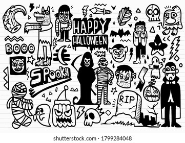  Hand Drawn Vector Illustration of Halloween Doodle set ,illustrator line tools drawing,Flat Design