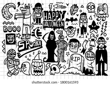  Hand Drawn Vector Illustration of Halloween Doodle set ,illustrator line tools drawing,Flat Design