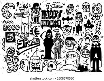  Hand Drawn Vector Illustration of Halloween Doodle set ,illustrator line tools drawing,Flat Design