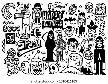  Hand Drawn Vector Illustration of Halloween Doodle set ,illustrator line tools drawing,Flat Design