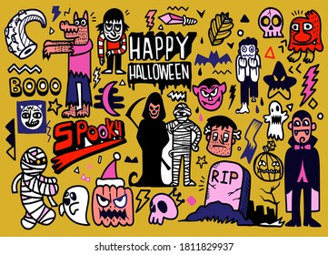  Hand Drawn Vector Illustration of Halloween Doodle set ,illustrator line tools drawing,Flat Design