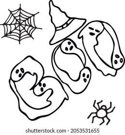 Hand drawn vector illustration for halloween with holiday symbols. Suitable for greeting cards, posters and holiday designs. Doodle style.