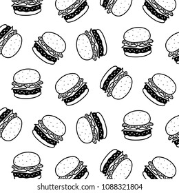 Hand drawn vector illustration of hamburger pattern. black and white.cartoon style.