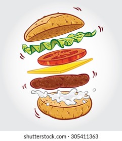 Hand drawn vector illustration of a Hamburger with ingredients jumping in the air on white background.