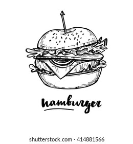 Hand drawn vector illustration -Hamburger. Sketch collection. Fast food