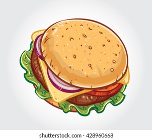 Dibujo vectorial hecho a mano de una Hamburguesa con bollo, hamburguesa, queso, lechuga, cebollas y tomate.