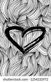 Hand drawn vector illustration with hand-drawn waves and heart shape with rough edges.