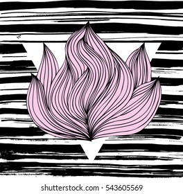 Hand drawn vector illustration with hand-drawn blossoming lotus and brush strokes with rough edges. Dry brush ink illustration.