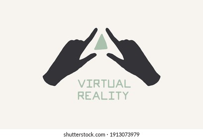 Hand drawn vector illustration of hands with abstract levitation triangle, linear style, line drawing. Vector logo, logotype, emblem, symbol.