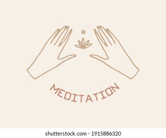 Hand drawn vector illustration of hands with lotos, linear style, line drawing. Vector logo, logotype, emblem, symbol.