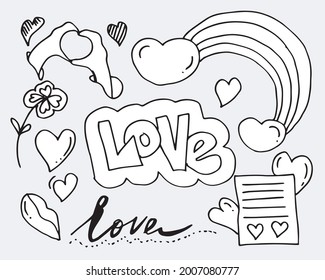 Hand drawn vector illustration. Hands and hearts and love text for design elements