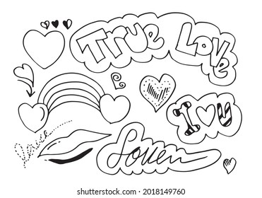 Hand drawn vector illustration. Hands and hearts and love text for design elements