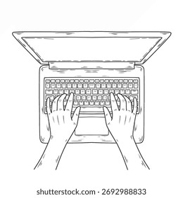 Dibujado a mano Ilustración vectorial de manos escribiendo en el teclado del ordenador portátil. Espacio de trabajo Sketch. Ilustración dibujada a mano del estilo del arte de la línea en el fondo blanco