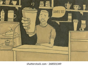 Hand drawn vector illustration of handsome cheerful barista in the coffee shop extending the big paper coffee cup.