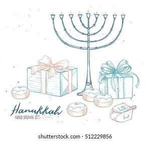 Hand drawn vector illustration - Hanukkah. Jewish Holiday. Set of design elements in sketch style. Can be used like: invitations, greeting cards, posters, flyers, banners
