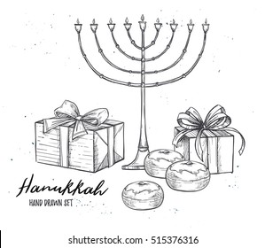 Hand drawn vector illustration - Hanukkah. Jewish Holiday. Set of design elements in sketch style. Can be used like: invitations, greeting cards, posters, flyers, banners