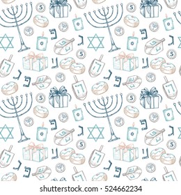 Hand drawn vector illustration - Hanukkah. Jewish Holiday. Seamless pattern in sketch style. Can be used like: invitations, greeting cards, posters, flyers, banners