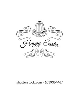 Hand drawn vector illustration. Happy Easter Spring nest with bird eggs. Perfect for invitations, greeting cards, blogs, posters and more. Swirls, ornate frames, filigree elements.