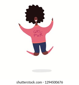 Hand drawn vector illustration of a happy black woman jumping. Isolated objects on white background. Flat style design. Concept, element for feminism, womens day card, poster, banner.