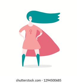 Hand drawn vector illustration of a happy woman superhero. Isolated objects on white background. Flat style design. Concept, element for feminism, womens day card, poster, banner.