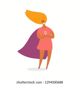 Hand drawn vector illustration of a happy black woman superhero. Isolated objects on white background. Flat style design. Concept, element for feminism, womens day card, poster, banner.