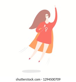 Hand drawn vector illustration of a happy woman superhero flying. Isolated objects on white background. Flat style design. Concept, element for feminism, womens day card, poster, banner.