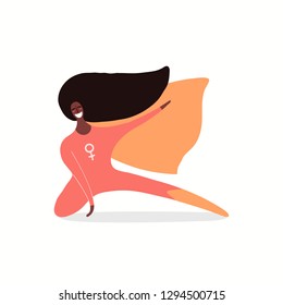 Hand drawn vector illustration of a happy black woman superhero. Isolated objects on white background. Flat style design. Concept, element for feminism, womens day card, poster, banner.