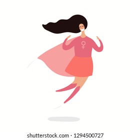 Hand drawn vector illustration of a happy woman superhero flying. Isolated objects on white background. Flat style design. Concept, element for feminism, womens day card, poster, banner.