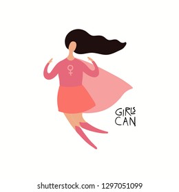 Hand drawn vector illustration of a happy black woman superhero flying, with quote Girls can. Isolated objects on white background. Flat style design. Concept for feminism, womens day card, poster.