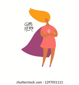 Hand drawn vector illustration of a happy black woman superhero, with quote Girl hero. Isolated objects on white background. Flat style design. Concept for feminism, womens day card, poster, banner.