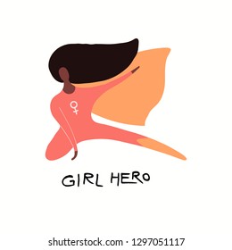 Hand drawn vector illustration of a happy black woman superhero, with quote Girl hero. Isolated objects on white background. Flat style design. Concept for feminism, womens day card, poster, banner.
