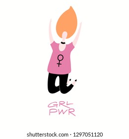 Hand drawn vector illustration of a happy woman jumping, with quote Grl pwr. Isolated objects on white background. Flat style design. Concept, element for feminism, womens day card, poster, banner.
