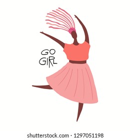 Hand drawn vector illustration of a happy black woman dancing, with quote Go girl. Isolated objects on white background. Flat style design. Concept, element feminism, womens day card, poster, banner.