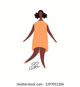 Hand drawn vector illustration of a happy black woman dancing, with quote Go girl. Isolated objects on white background. Flat style design. Concept, element feminism, womens day card, poster, banner.