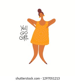 Hand drawn vector illustration of a happy black woman dancing, with quote You go girl. Isolated objects on white background. Flat style design. Concept for feminism, womens day card, poster, banner.