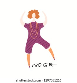 Hand drawn vector illustration of a happy woman dancing, with quote Go girl. Isolated objects on white background. Flat style design. Concept, element for feminism, womens day card, poster, banner.