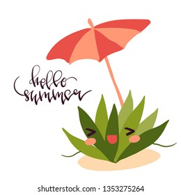 Hand drawn vector illustration of happy cartoon cute cactus under sun umbrella made in minimal flat style isolated on white with handwritten lettering element Hello Summer.