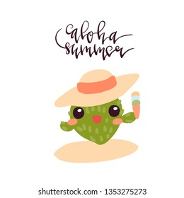 Hand drawn vector illustration of happy cartoon cute cactus with ice cream made in minimal flat style isolated on white with handwritten lettering element Aloha Summer.