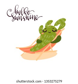 Hand drawn vector illustration of happy cartoon cute cactus in deckchair made in minimal flat style isolated on white with handwritten lettering element Hello Sunshine.