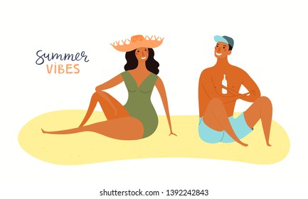 Hand drawn vector illustration of a happy couple on the beach talking, with lettering quote Summer vibes. Isolated objects on white background. Flat style design. Concept, element for poster, banner.