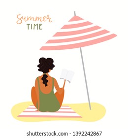 Hand drawn vector illustration of a happy woman on the beach reading, with lettering quote Summer time. Isolated objects on white background. Flat style design. Concept, element for poster, banner.
