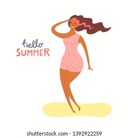 Hand drawn vector illustration of a happy woman on the beach dancing, with lettering quote Hello Summer. Isolated objects on white background. Flat style design. Concept, element for poster, banner.